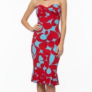 Vintage Rubber Ducky Productions Strapless Red/Aqua Heart Print Bodycon Dress-S‎